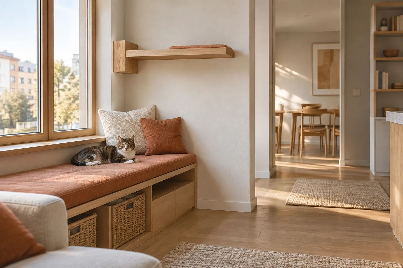 Cat resting on a warm oak window bench with a clear open route through a calm apartment nook.
