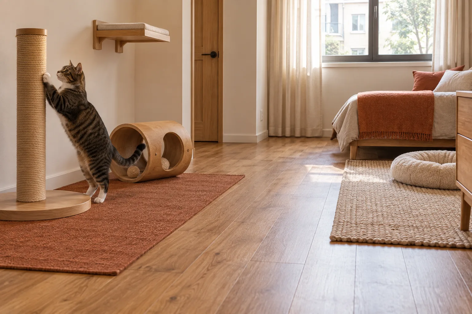 Cat using a stable freestanding scratching post beside a separate play tunnel and open floor route.
