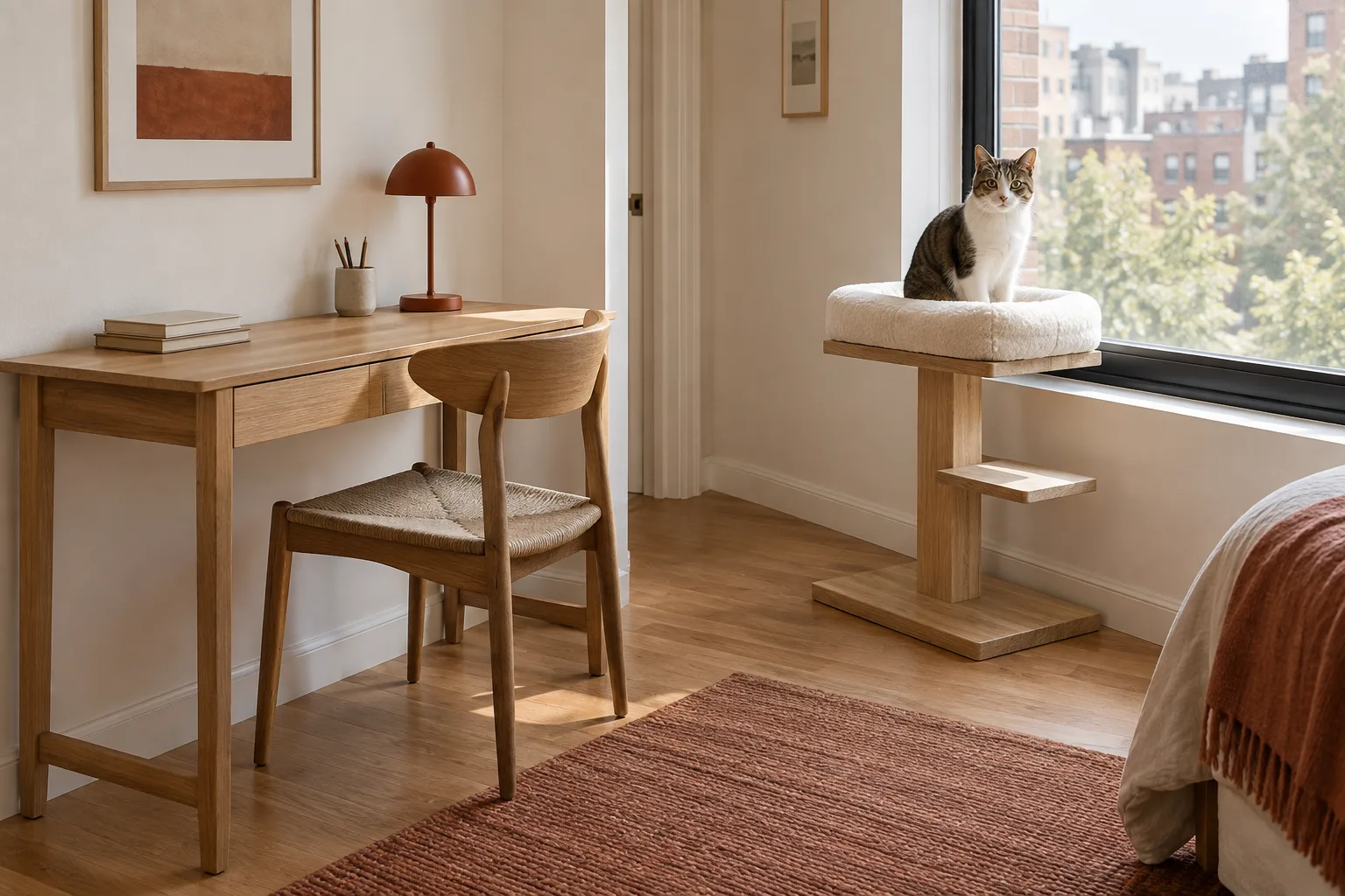 Small apartment desk corner with a stable freestanding window perch beside an uncluttered chair route.