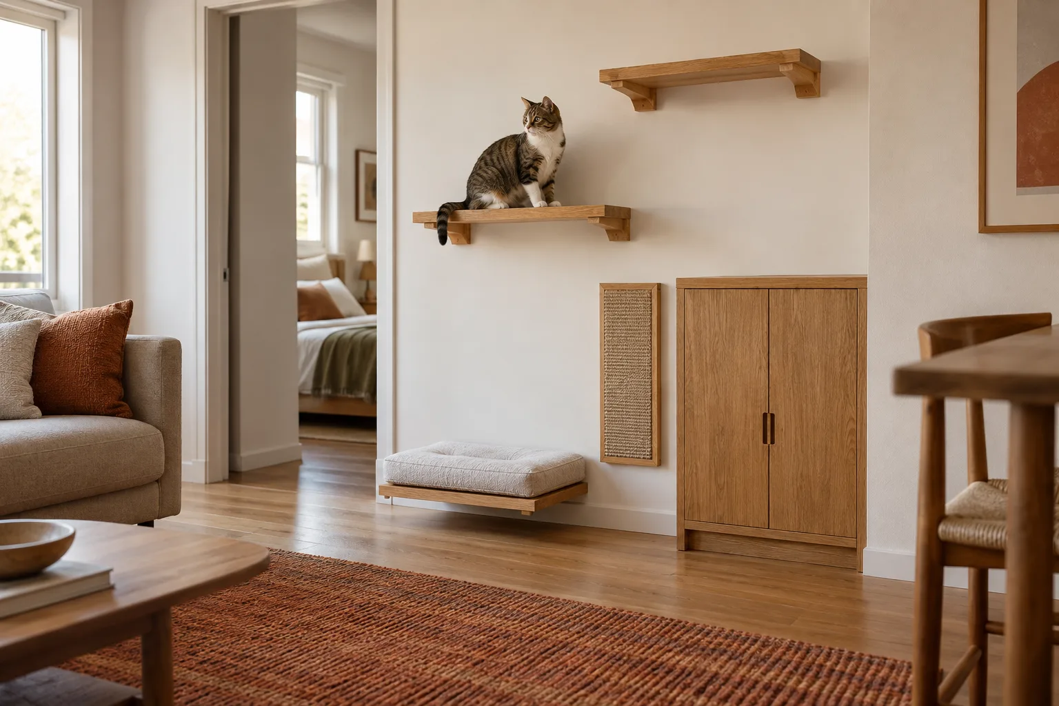 Small shared room wall with secure oak shelves, a low rest pad, scratching panel and closed storage.