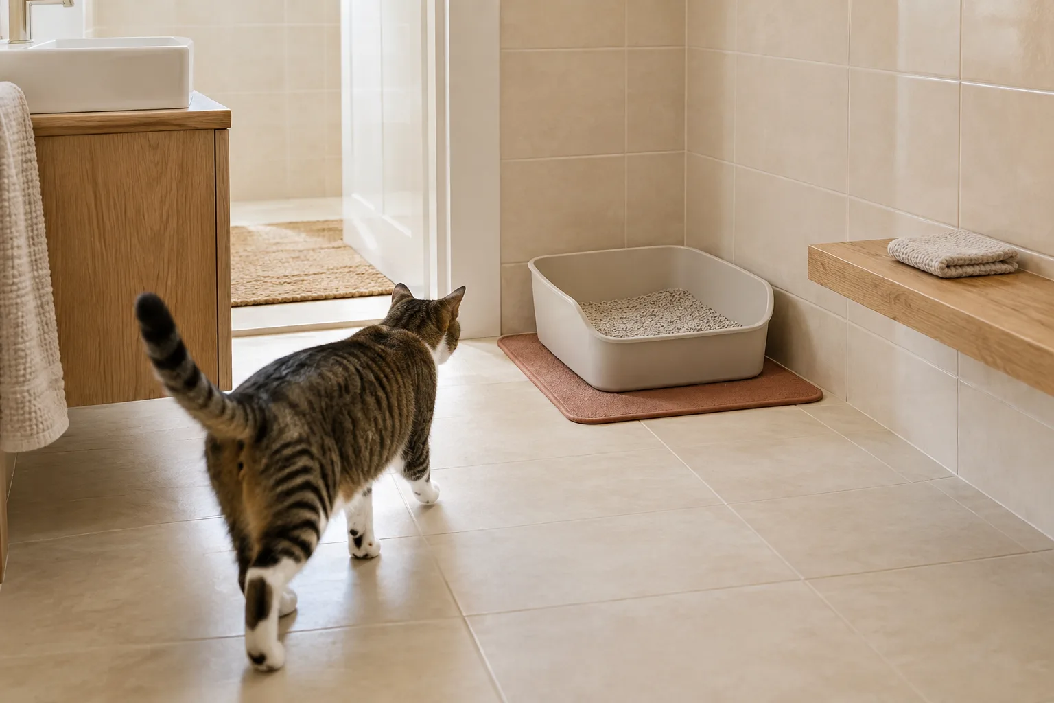 Open litter tray in a bathroom corner with a broad clear approach and visible cleaning space.