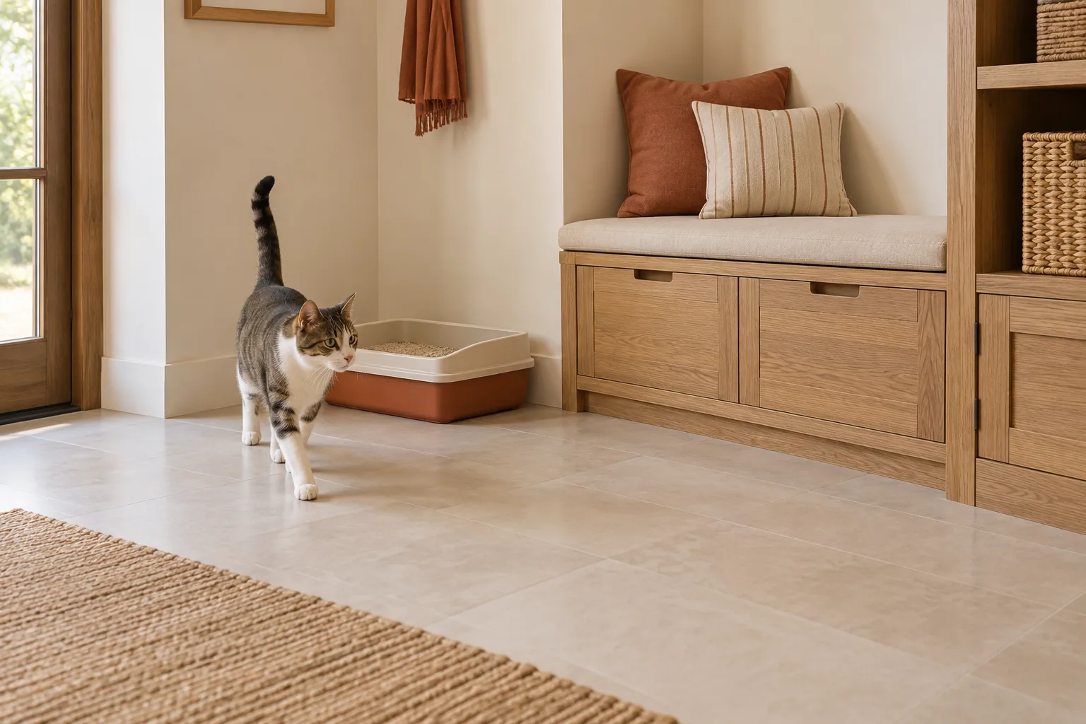 Wide-access utility nook with an open litter tray beside an oak storage bench and clear cleaning floor.