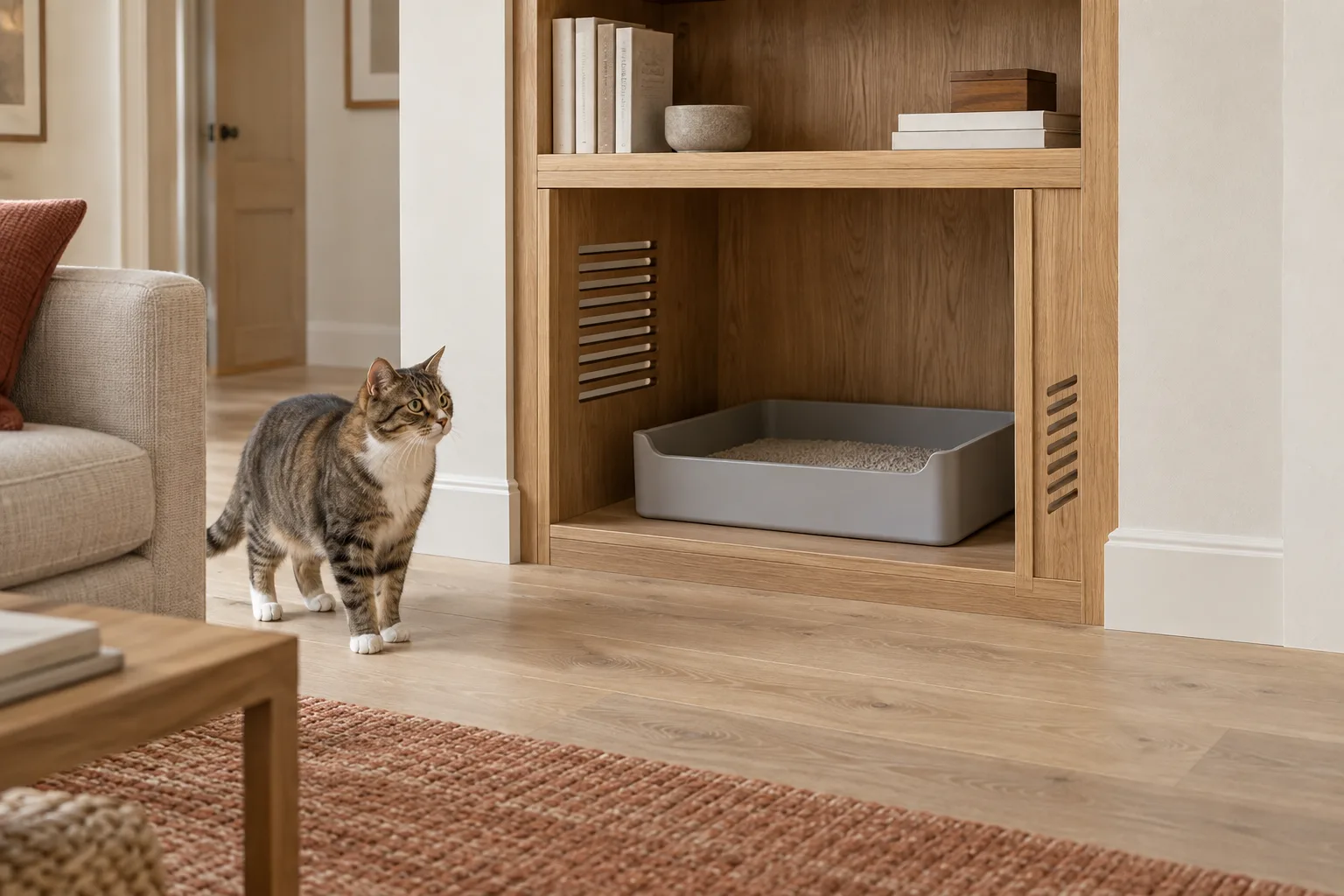 Open-front ventilated oak litter cabinet with a visible tray and a wide unobstructed entrance.