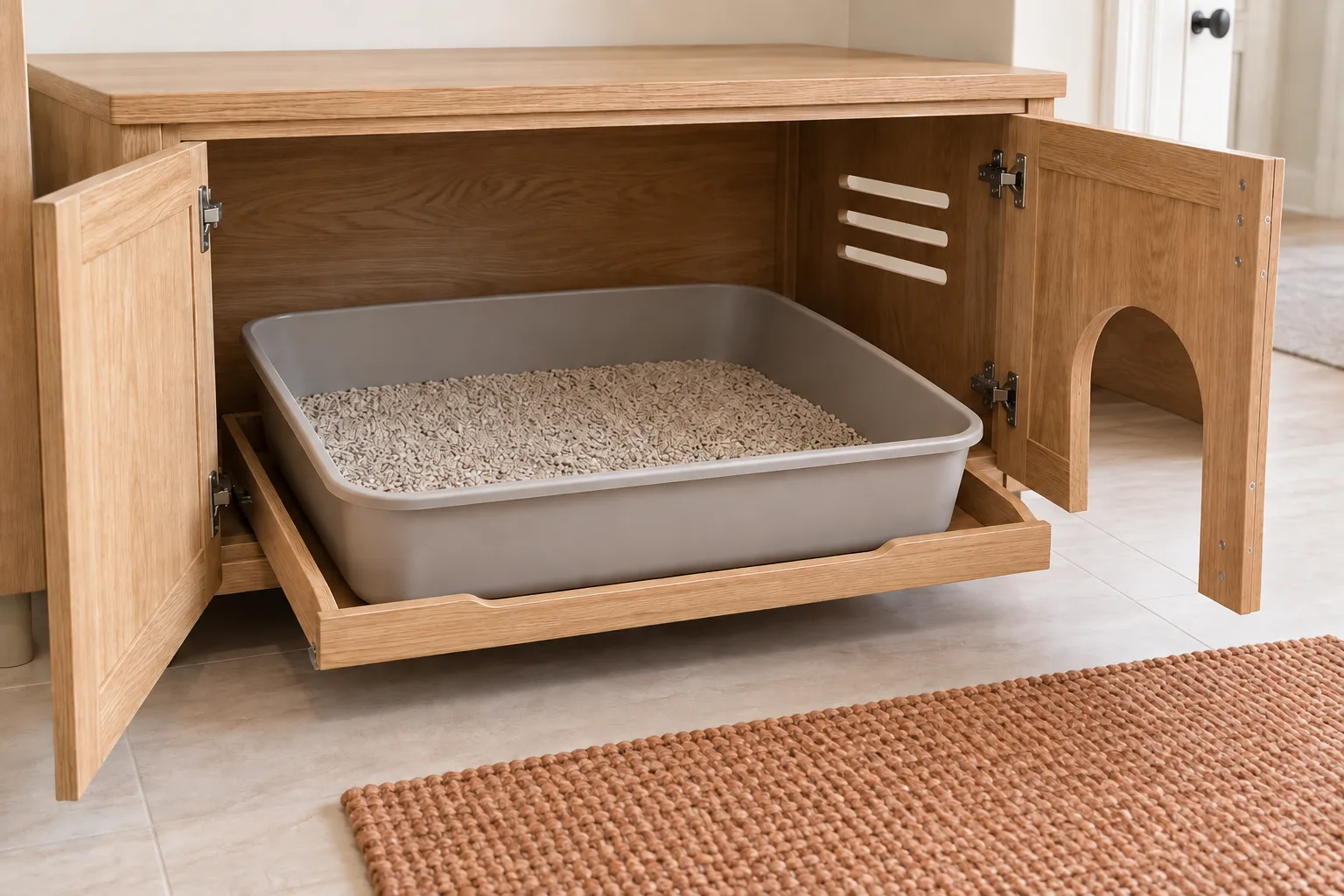 Open oak litter cabinet with doors wide open, a large tray fully pulled forward for cleaning, and a permanent rounded cat-entry arch in the right door.