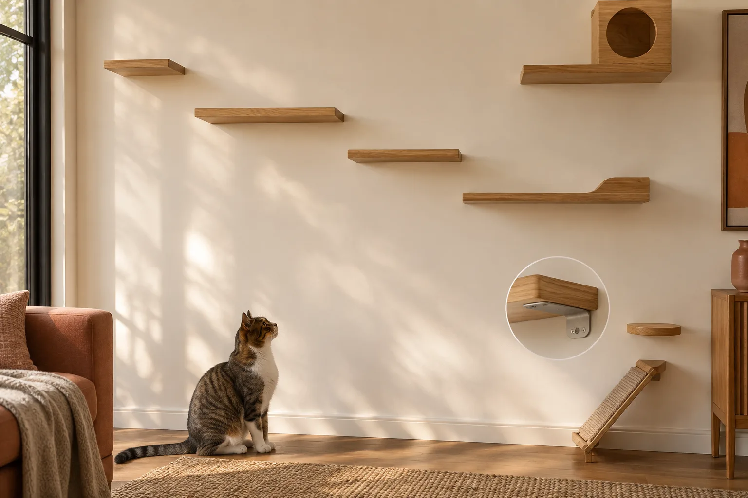 A broad wall shelf route with stable oak landing surfaces for a large cat.