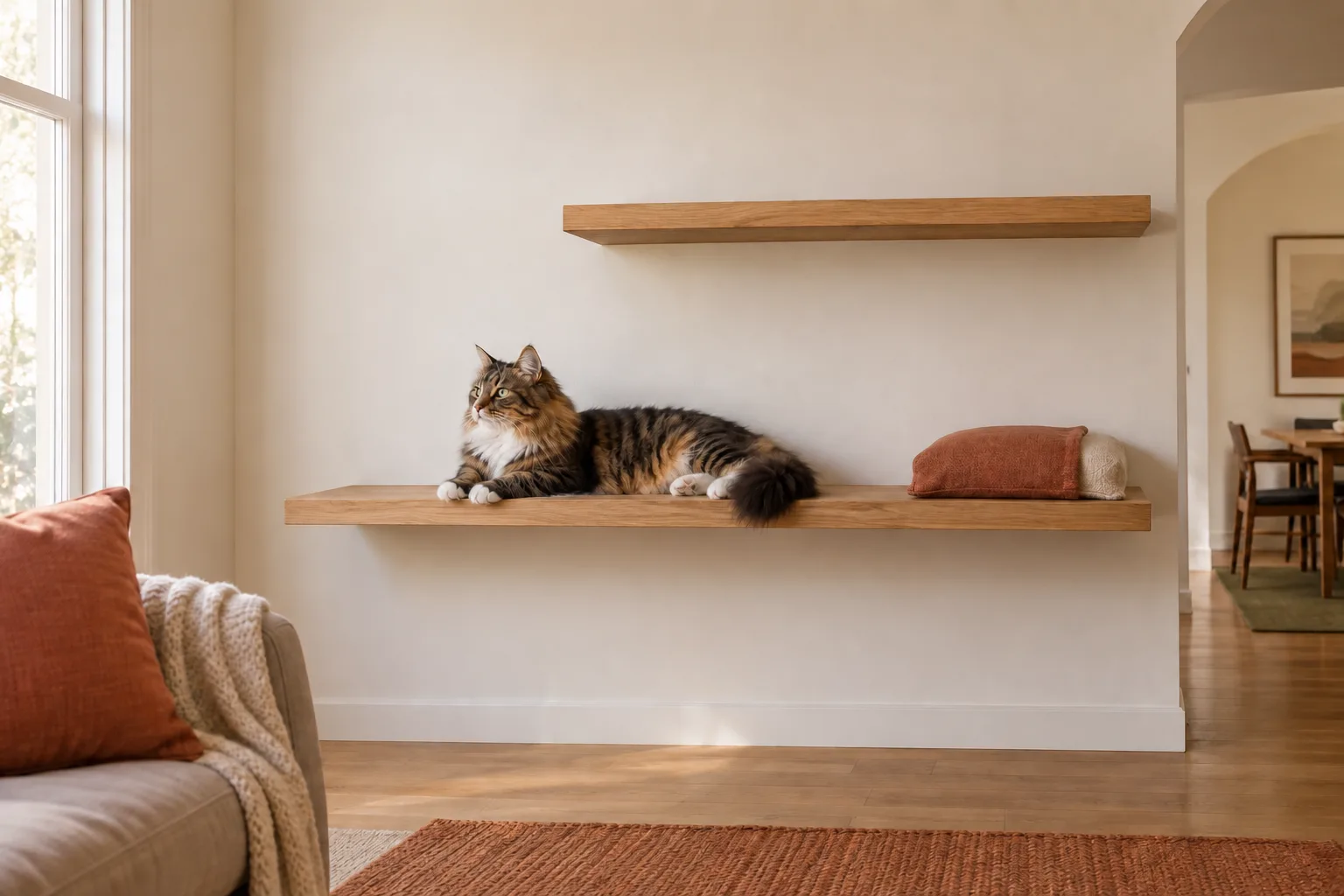 A large cat resting on a broad oak shelf in a clear, uncluttered room.