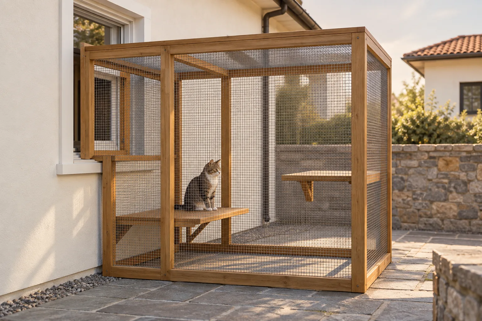 A fully enclosed catio attached to a home window with mesh walls and roof.