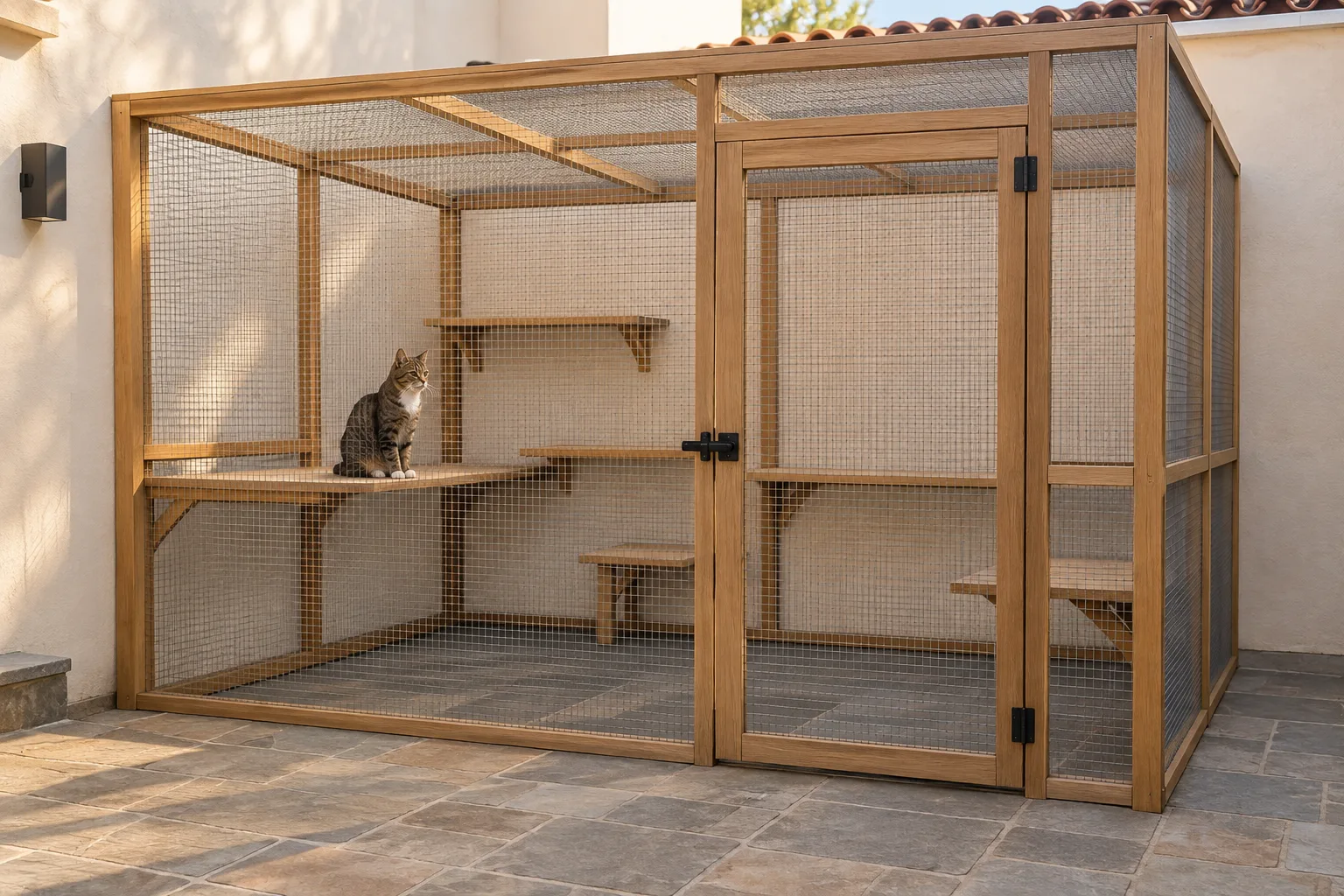 A freestanding fully enclosed catio with a visible secure entry door.