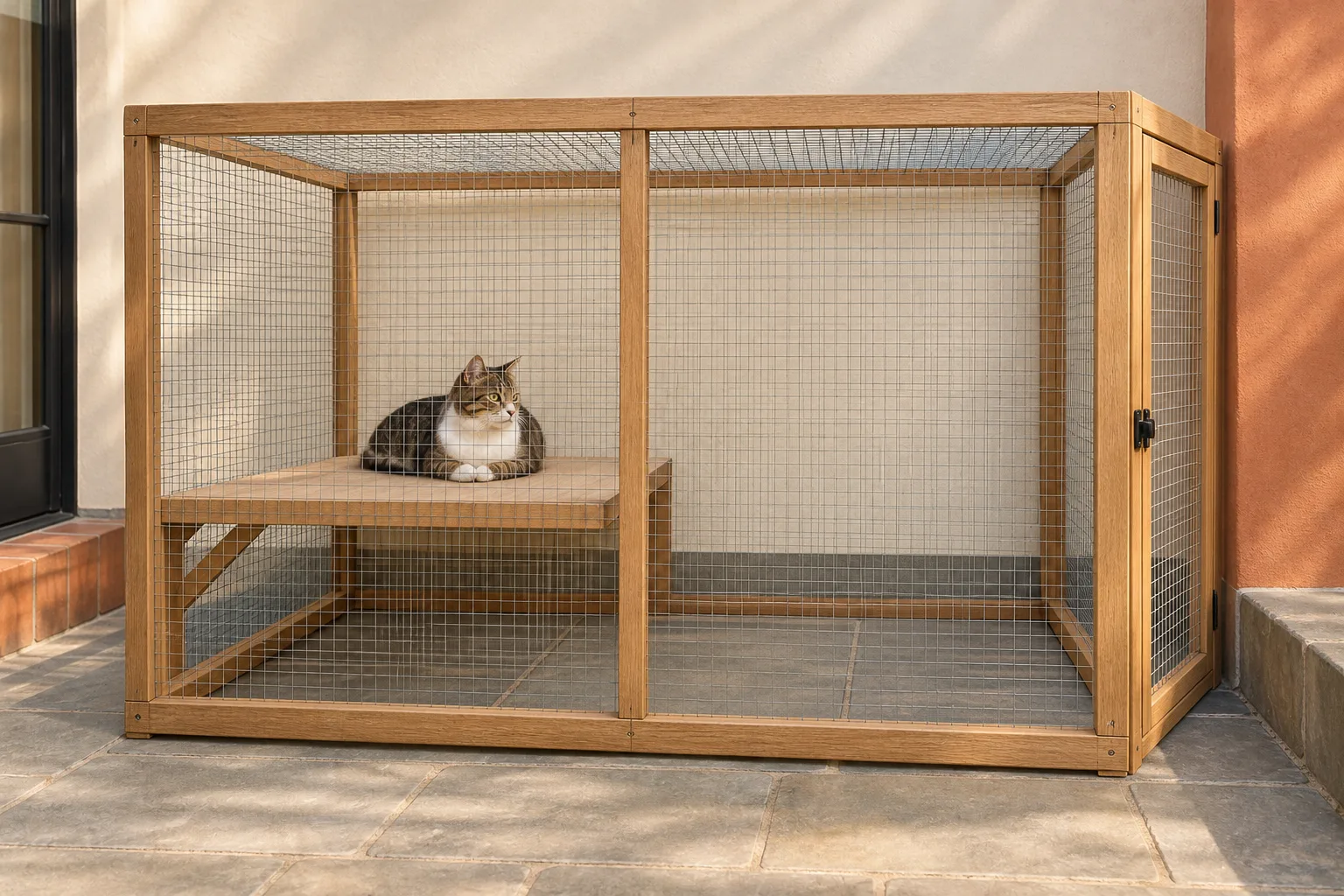 A compact rectangular enclosed catio with one low broad perch.
