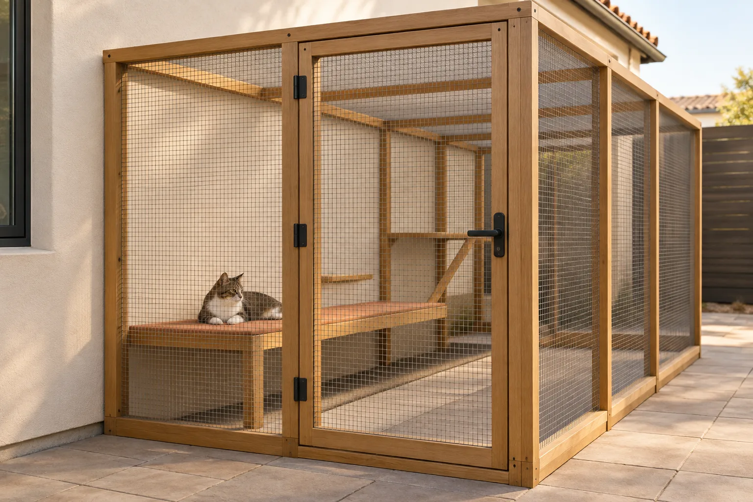 A compact enclosed catio with a secure door and clear cleaning access.