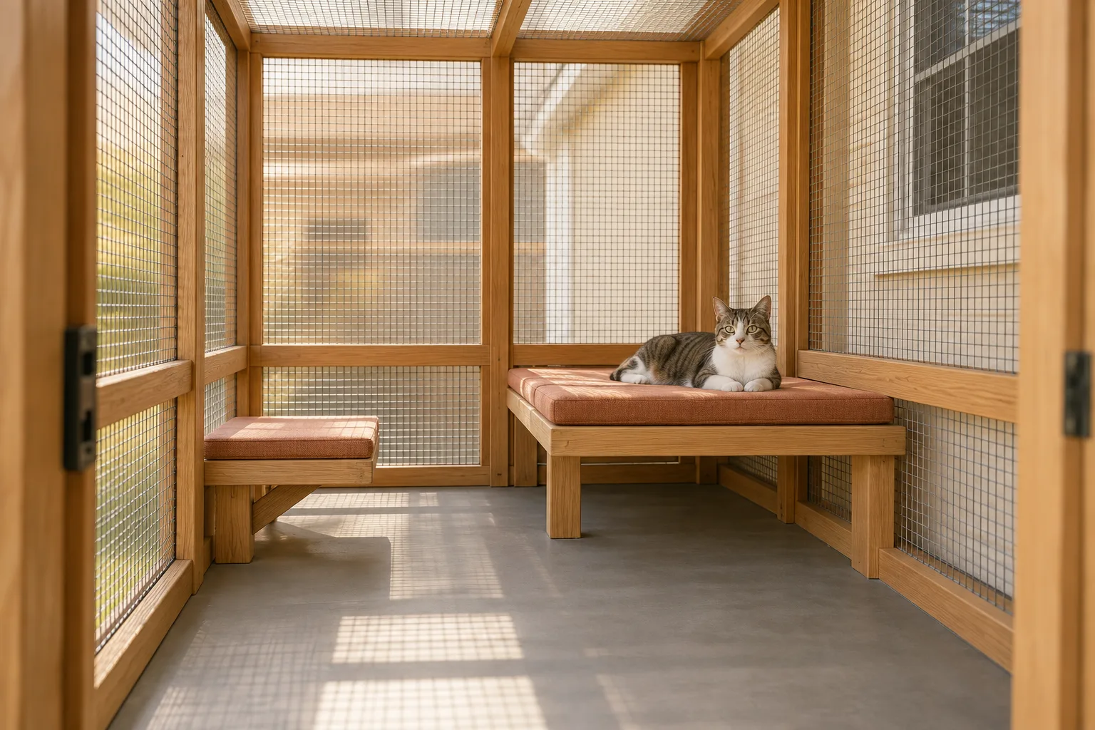A fully enclosed catio interior with broad low resting perches and clear floor space.