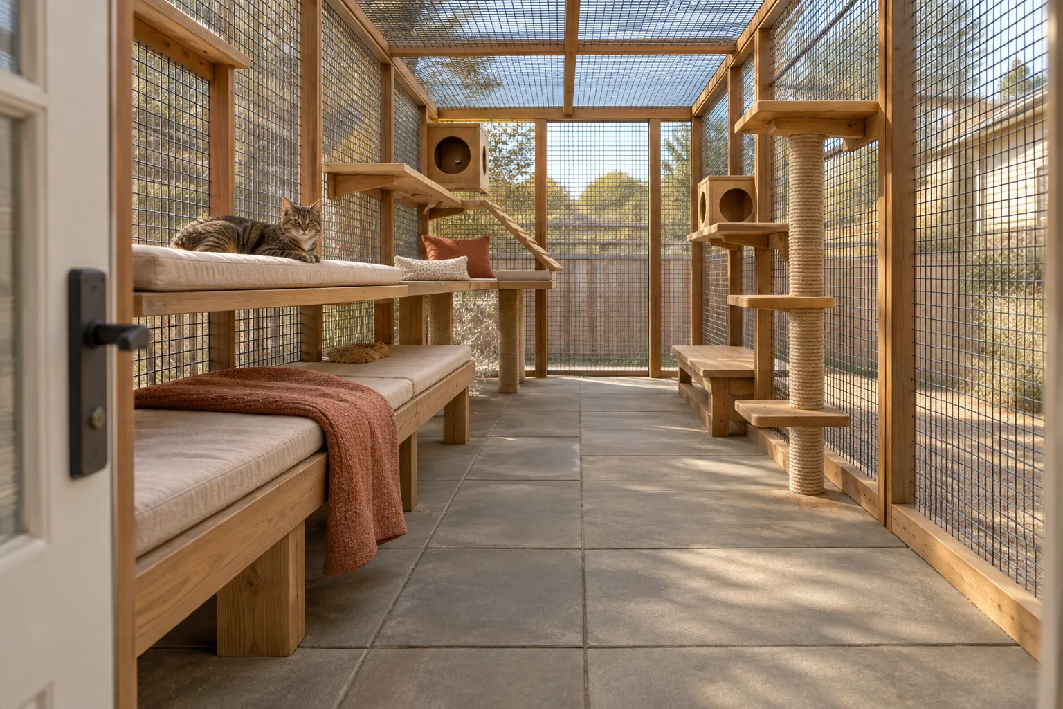 A catio interior with an unobstructed cleaning aisle and perches along the sides.