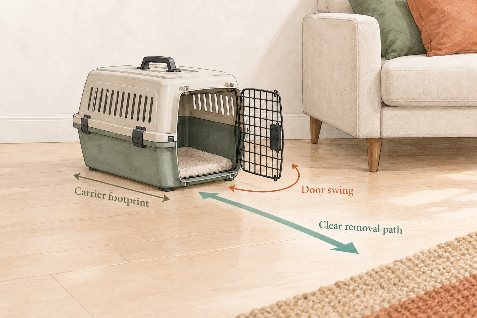 Carrier diagram distinguishing its footprint, front door swing and clear removal path