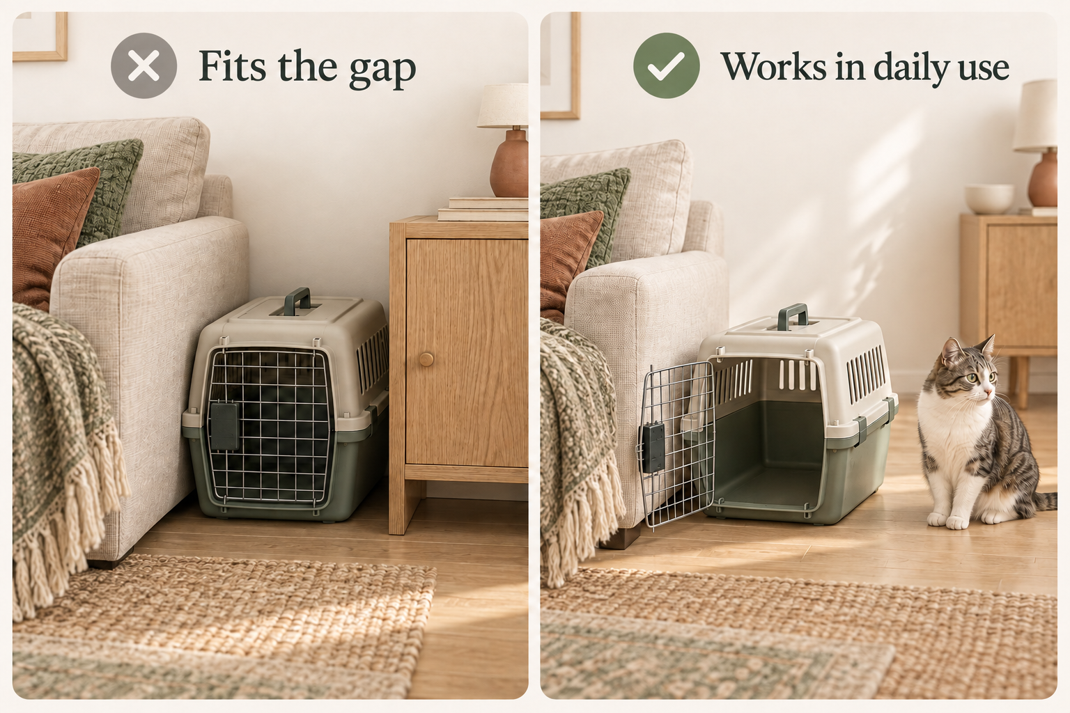 Comparison of a carrier squeezed between furniture and a carrier with an open accessible entrance