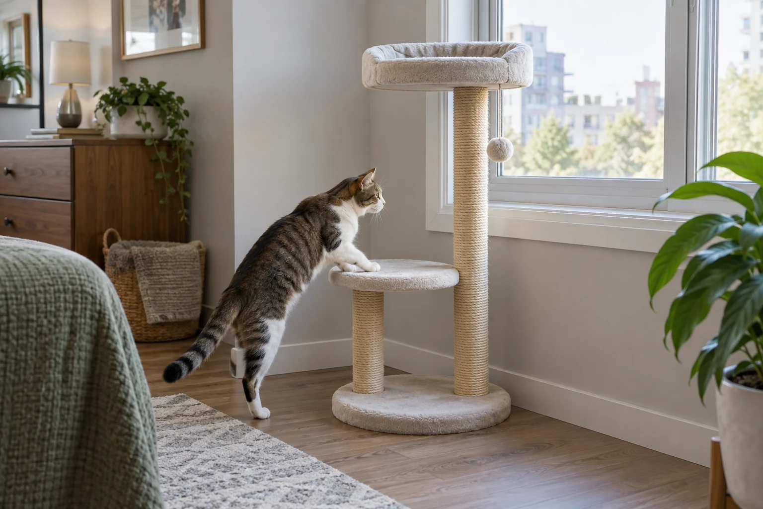 A cat stepping onto a freestanding perch positioned beside a closed window.
