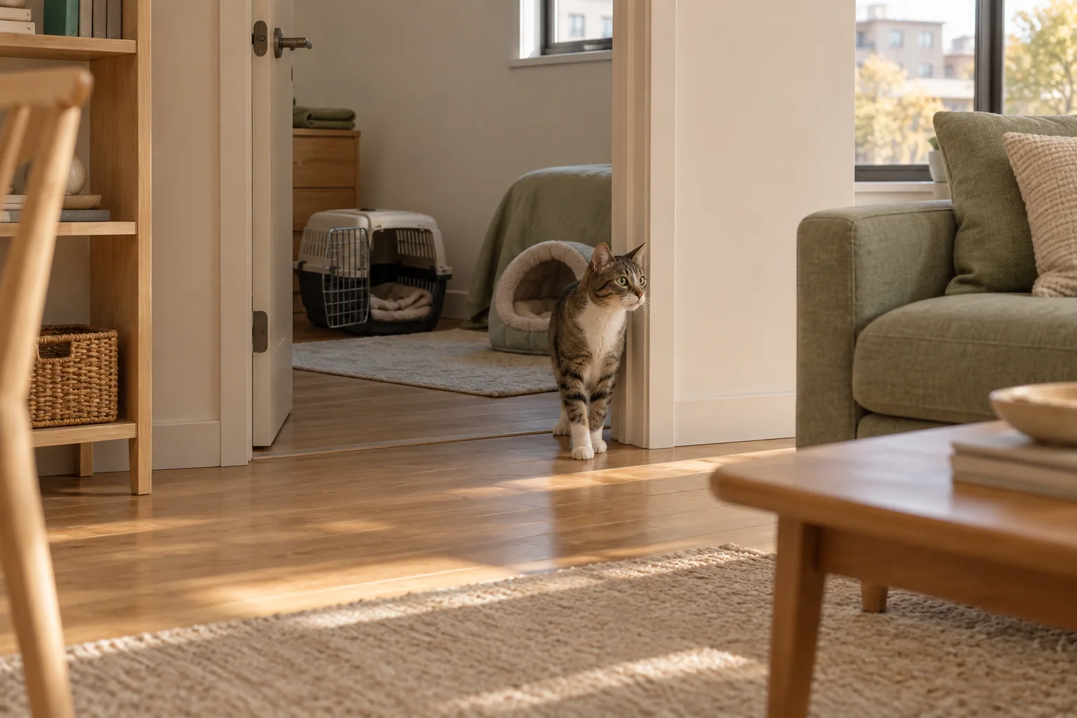 A cat voluntarily pauses at the doorway of its quiet room while its open carrier remains accessible.