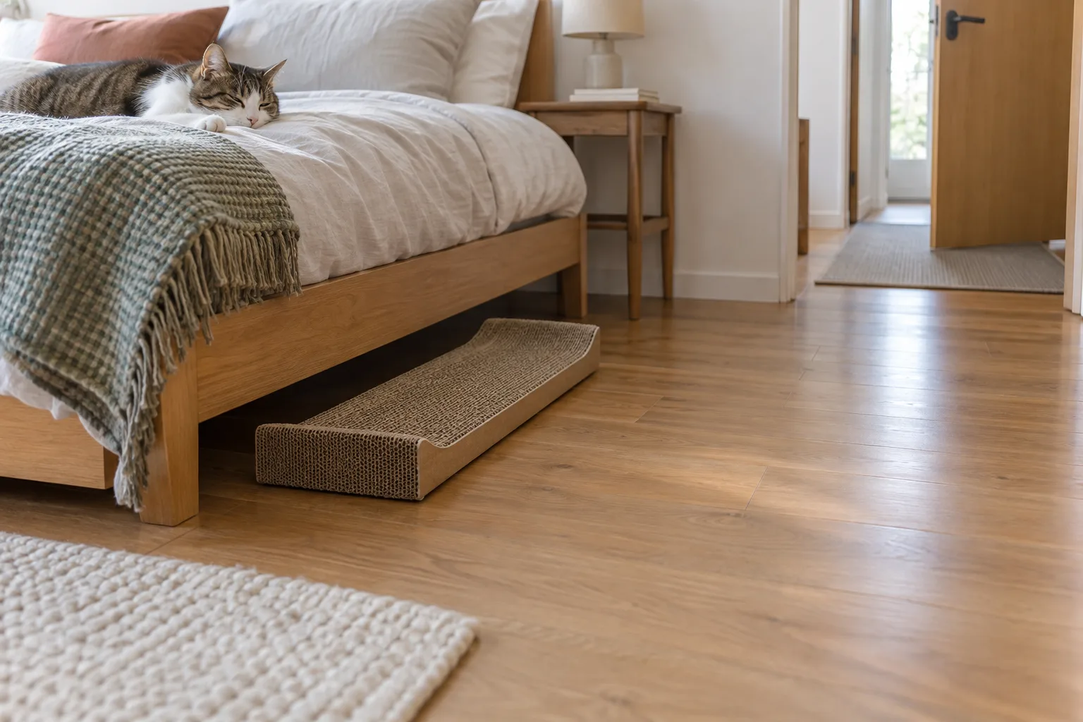 A flat cat scratcher beside a bed with a clear route through a small apartment room.