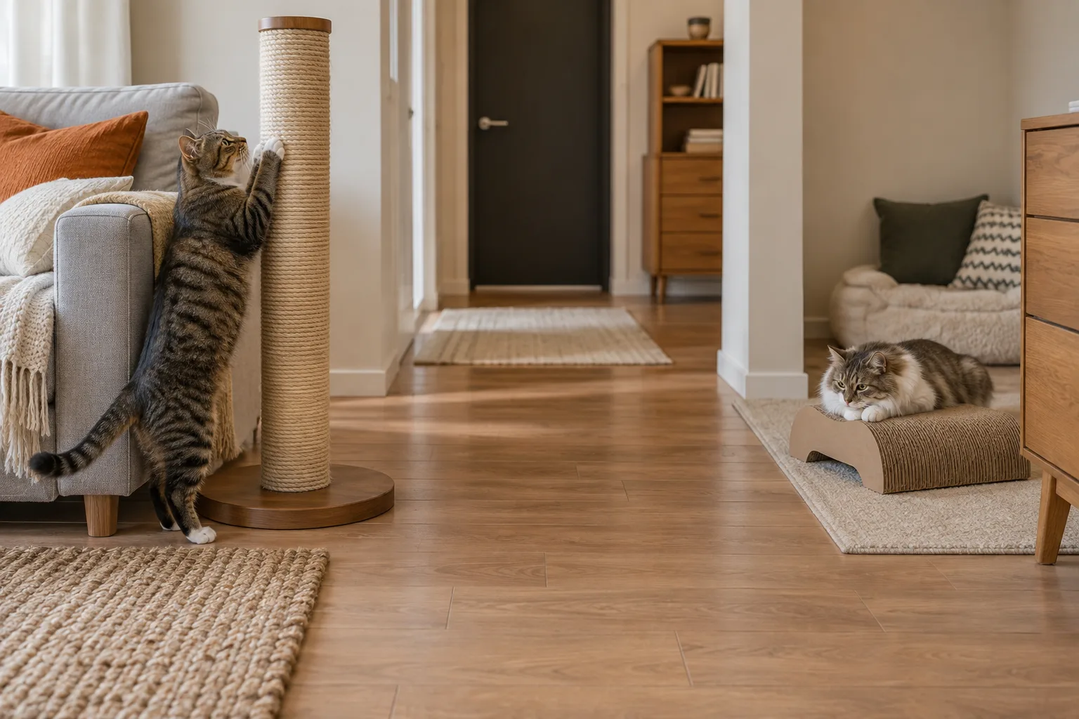 Two cats with separate scratching options placed along clear routes in a shared apartment.