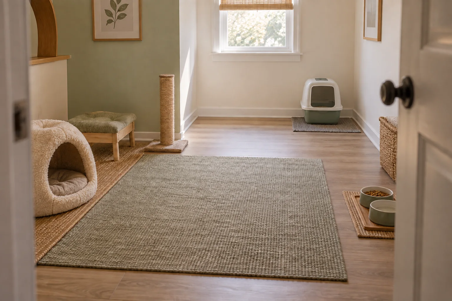 A small quiet room with resting places, bowls and a litter box placed in separate areas.