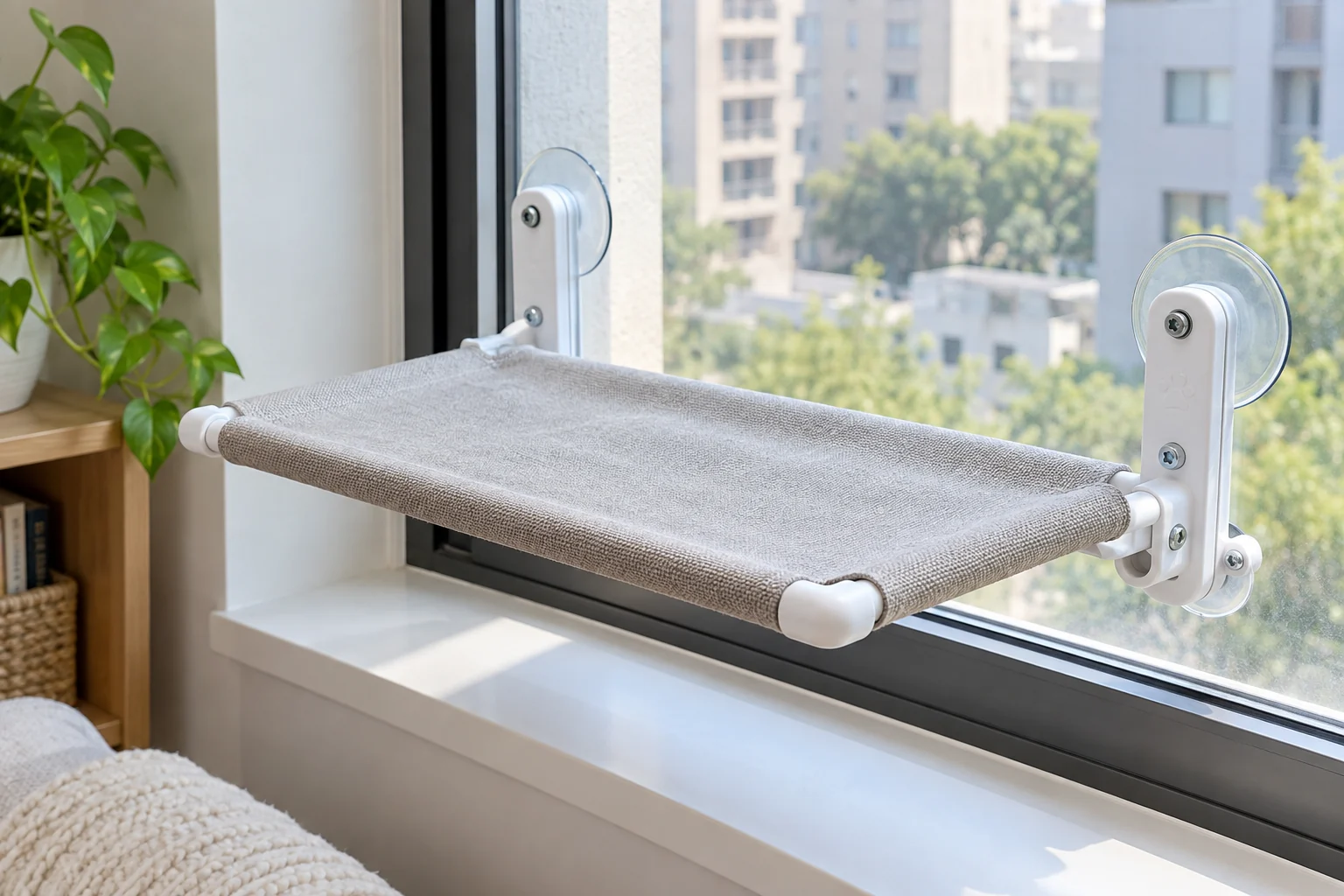 An empty fabric cat window perch with its mounting points visible for inspection.