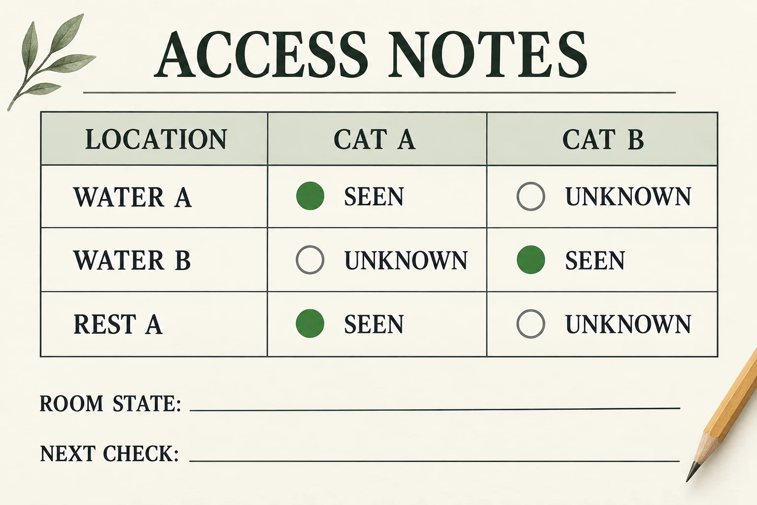 Illustrative access-notes table recording seen and unknown use separately for two cats, with room-state and next-check fields