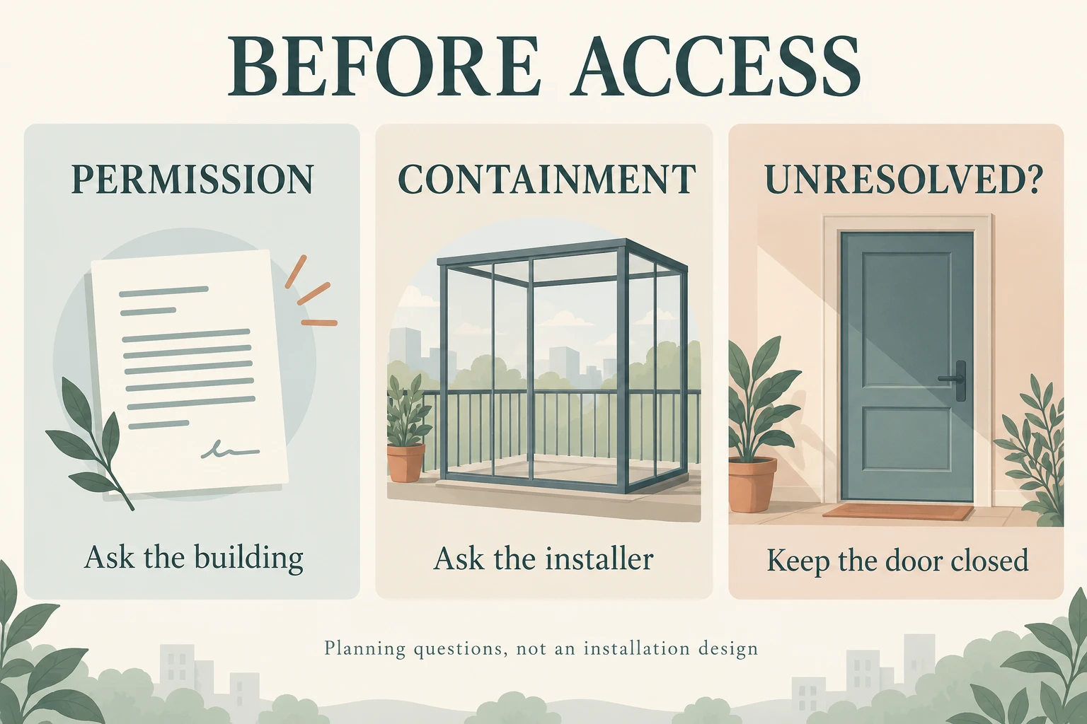 Three editorial question cards labelled permission, containment and keep closed beside a closed apartment balcony door