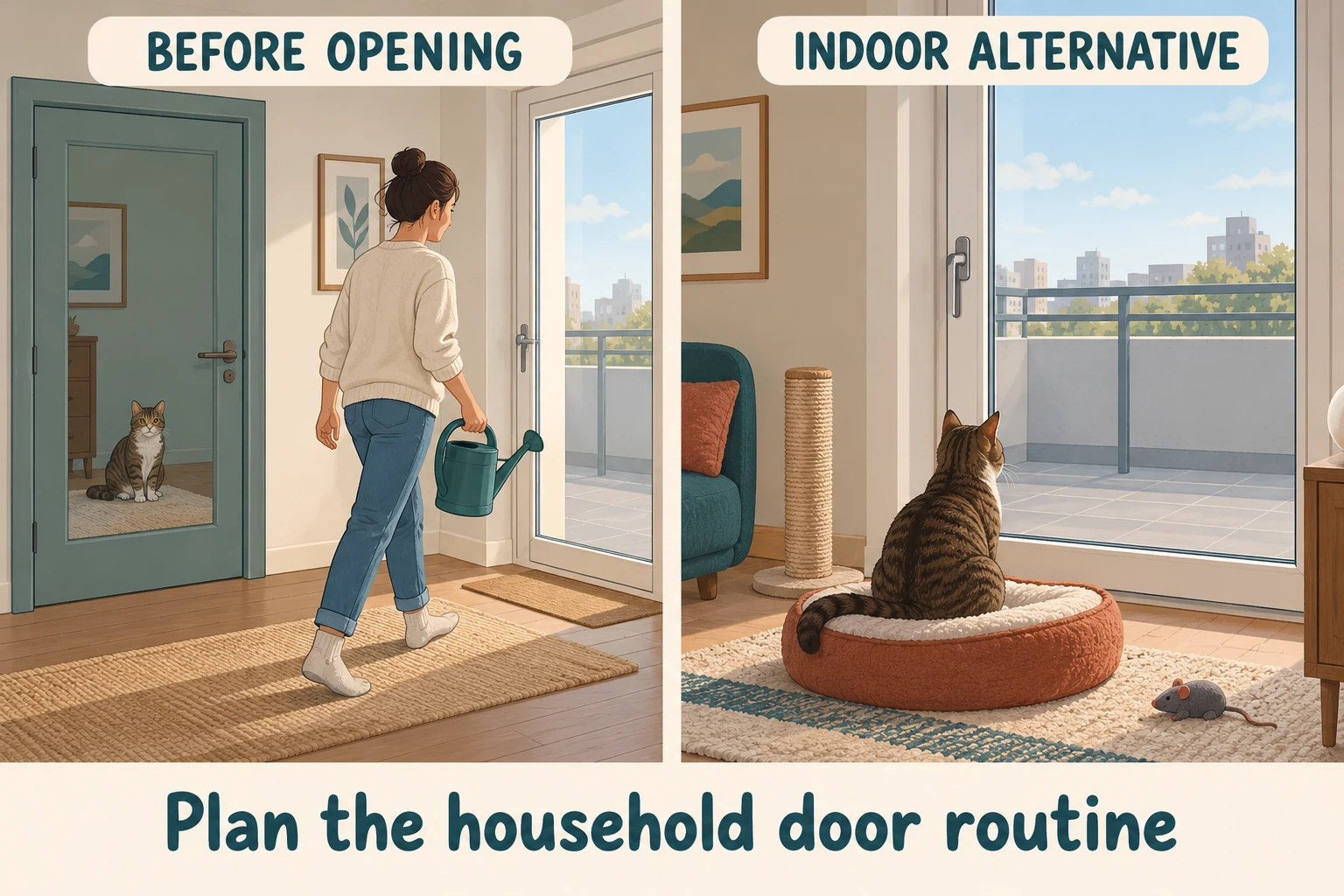 Cat behind a closed indoor room door while an adult approaches a closed balcony door beside an indoor window alternative