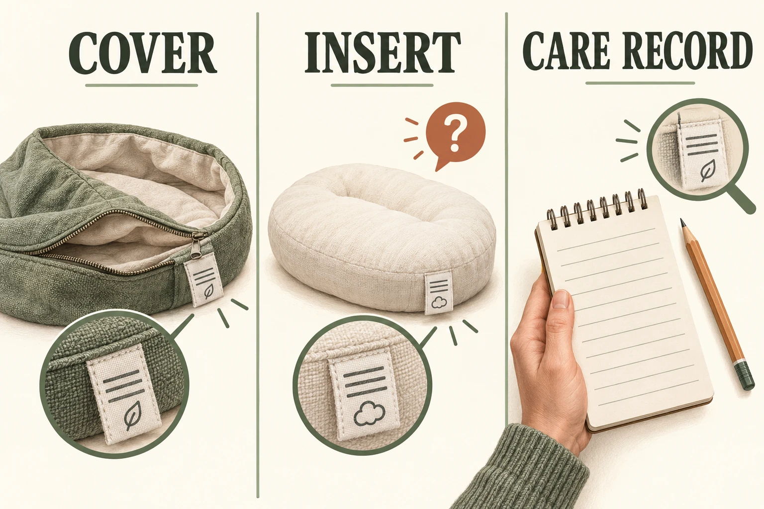 Conceptual three-card diagram labels COVER, INSERT and CARE RECORD as separate cat-bedding checks