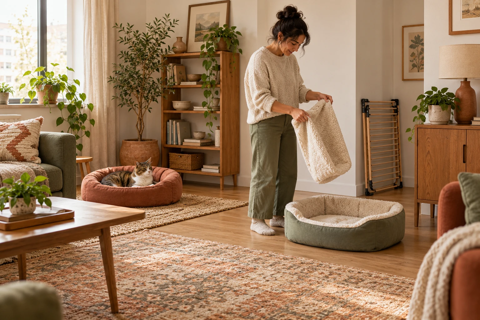 Adult checking a completely dry cat-bed cover at an unobstructed rest nook while a folded drying rack is put away