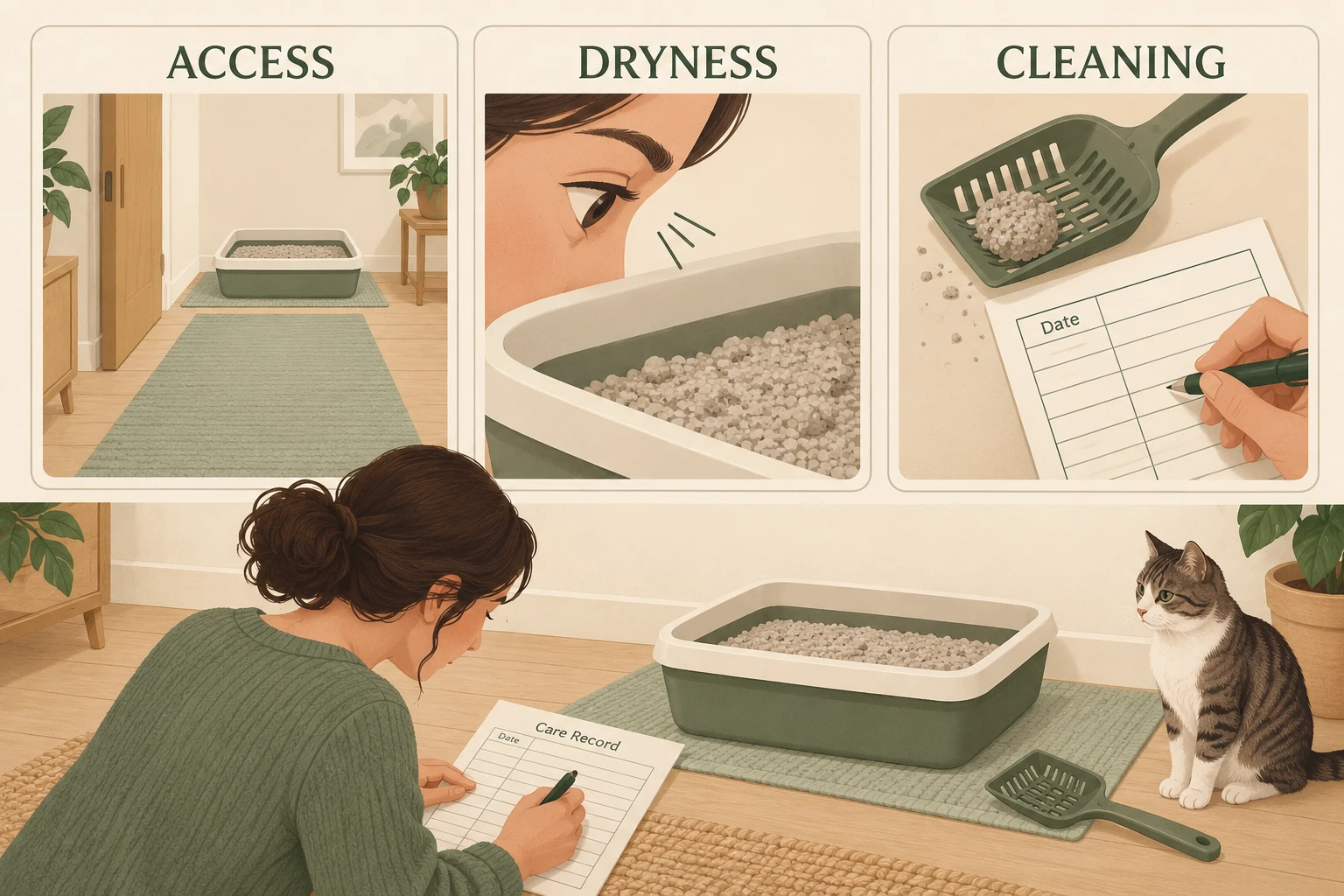 Three conceptual cards labeled ACCESS, DRYNESS and CLEANING beside an adult recording a scoop and care task