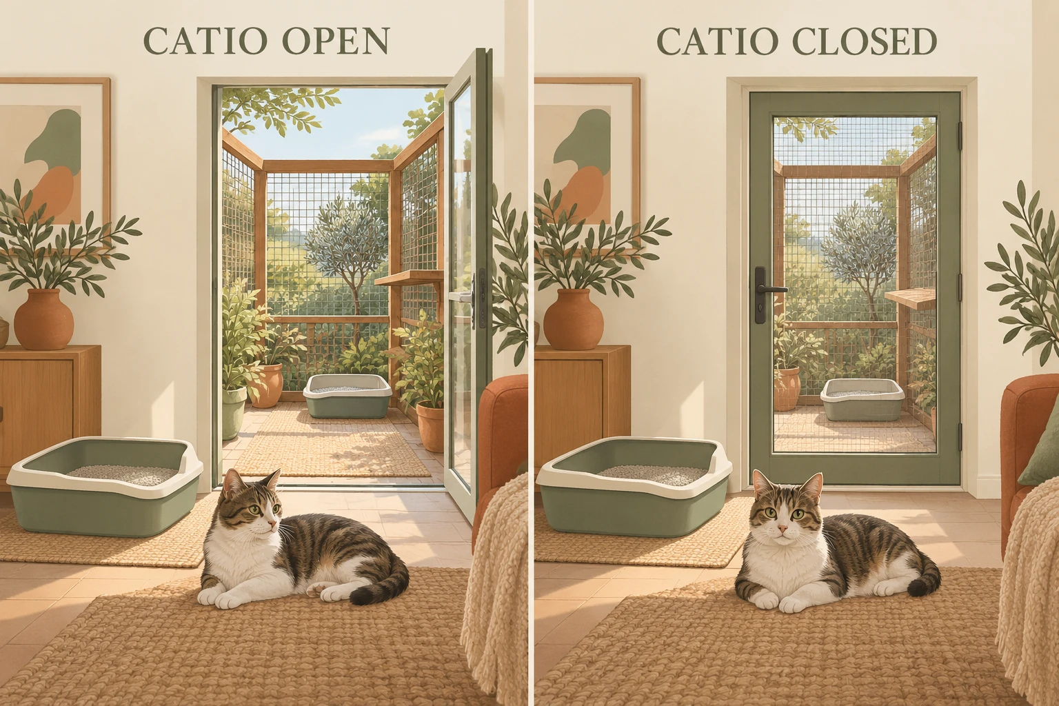 Conceptual two-panel diagram compares a closed catio with an indoor tray available and normal catio access with an optional additional tray