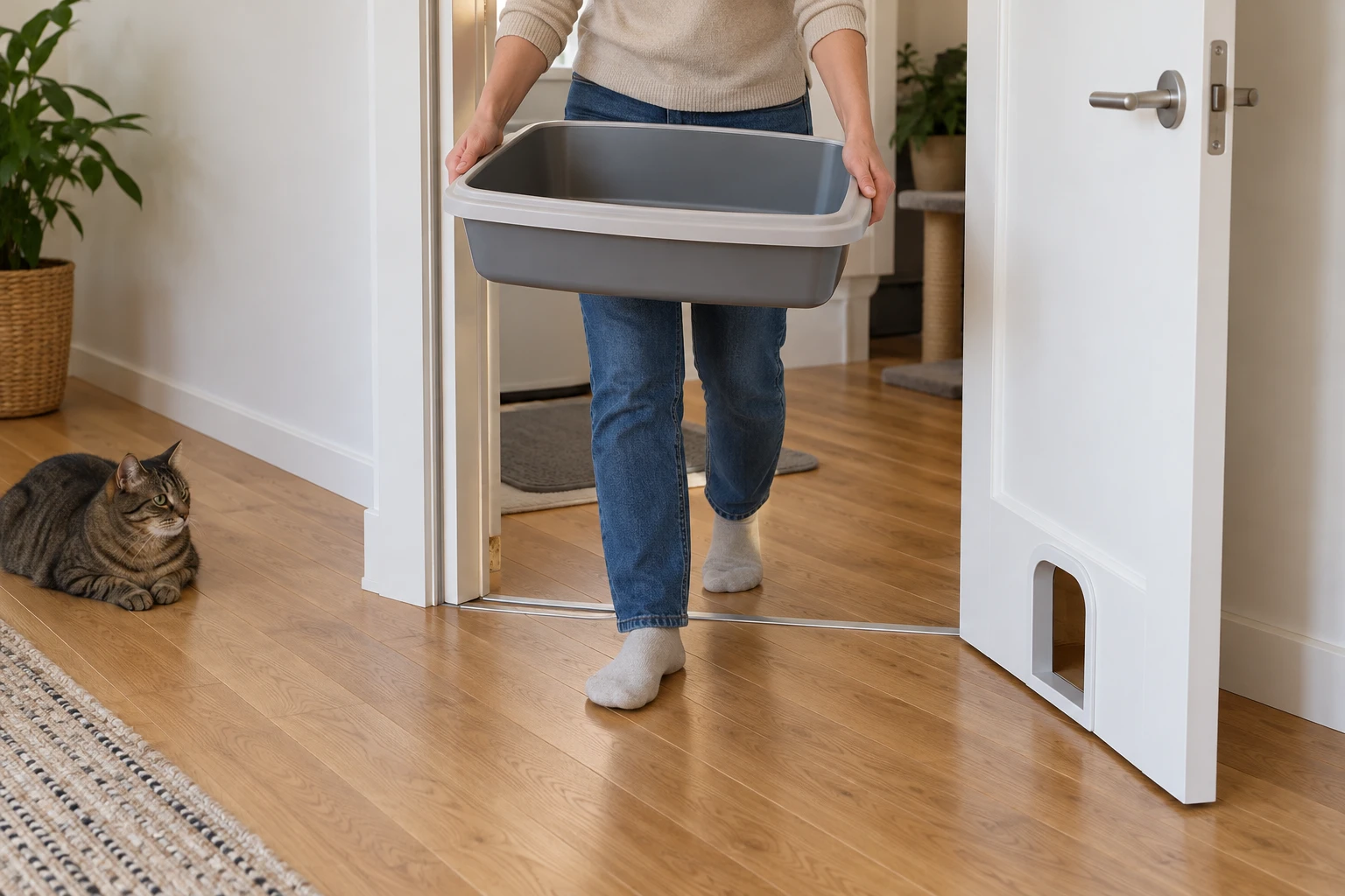Eye-level conceptual scene of a cropped adult carrying an empty litter tray through a fully open interior door while a cat rests to the side