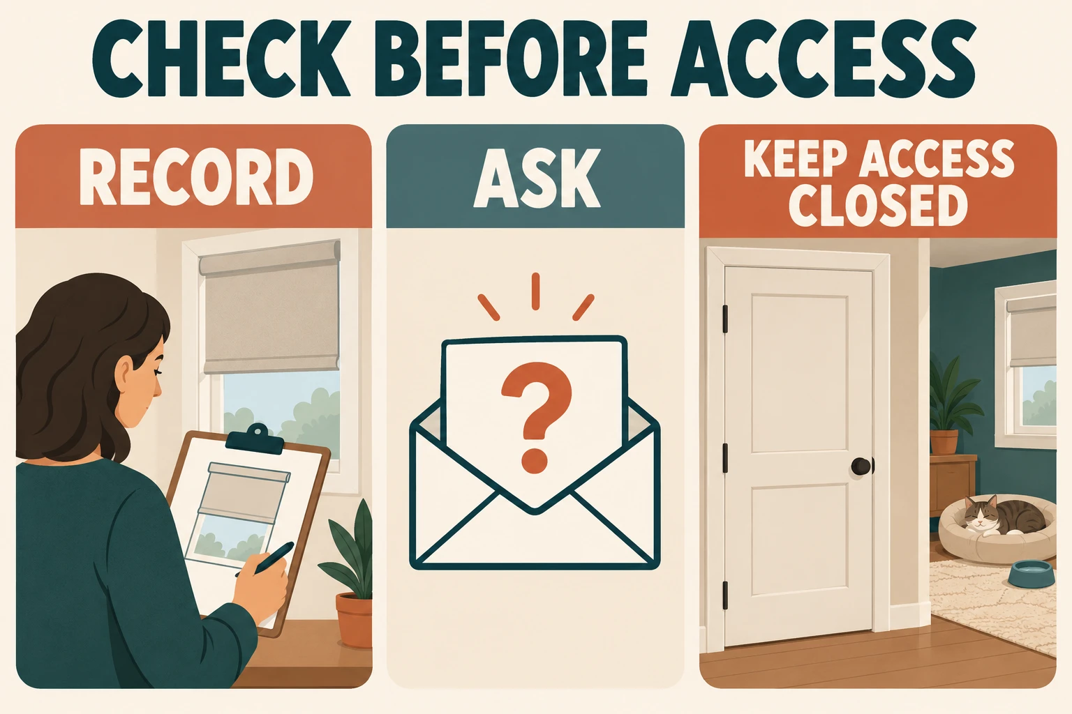 Three room-check cards show treatment inventory, renter permission, and a keep-cat-away unresolved state