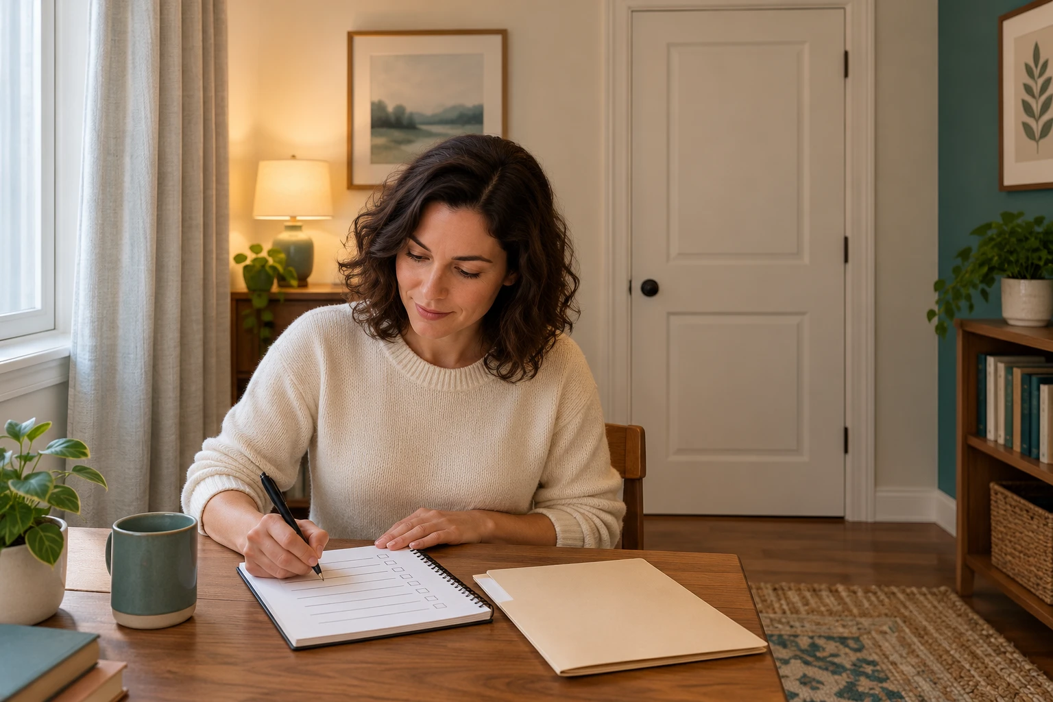 Adult writes a window-treatment check in a notebook beside a closed interior door.