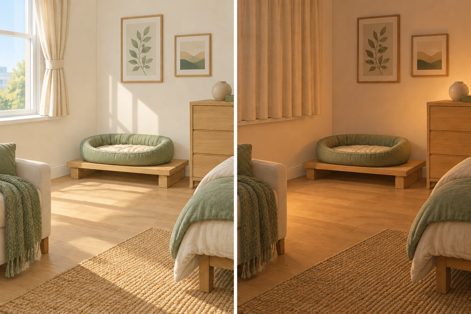 Two-panel compact apartment room showing the same cat bed with curtains open and closed and clear access