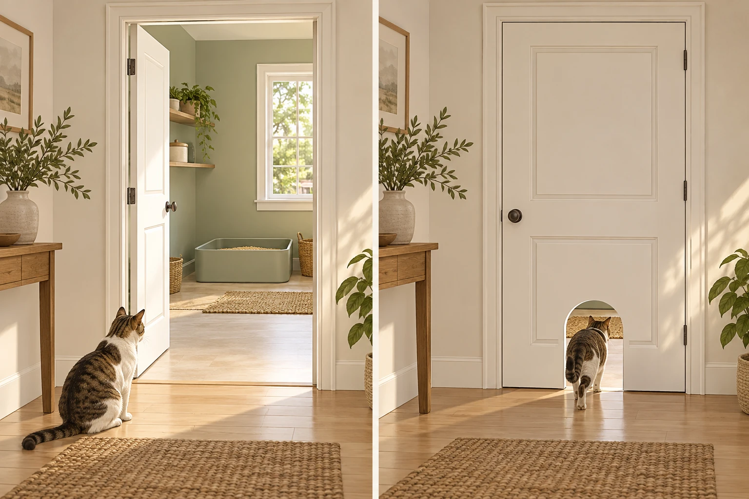 Two-panel conceptual illustration: an open interior door with a cat waiting on the left and a closed door with a generic floor-level cat arch on the right