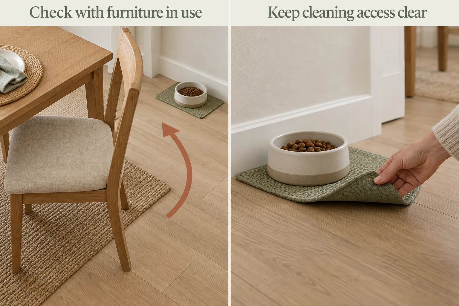 Comparison showing a pulled-out chair clear of a food bowl and a mat lifted for cleaning