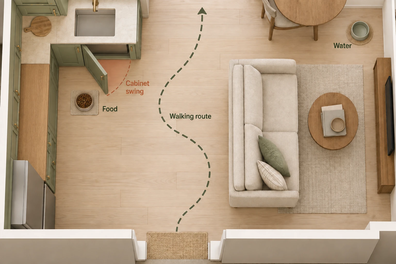 Top-down apartment layout with food and water in separate locations and a clear walking route