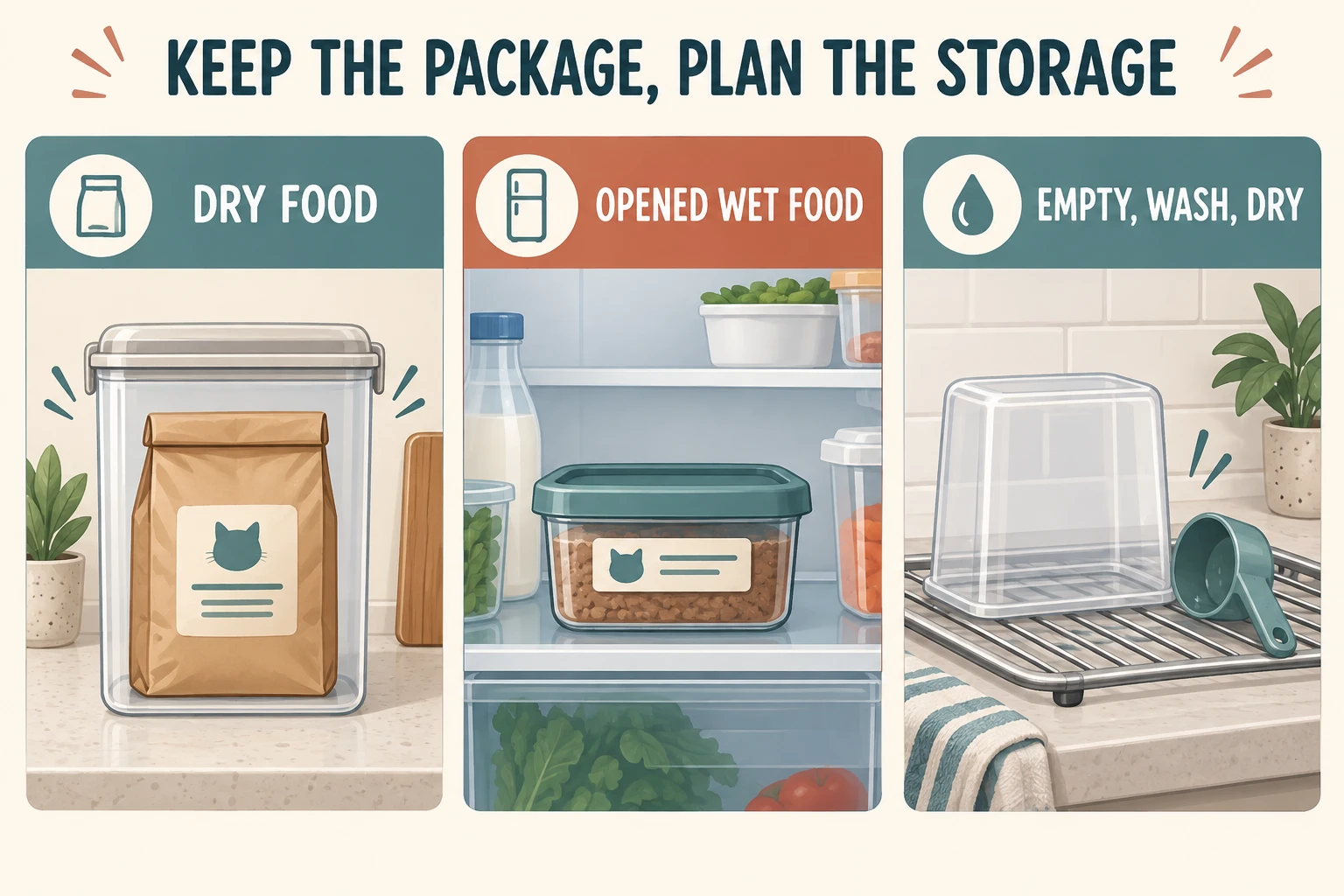 Three planning cards show an original food bag and label, covered opened wet food in a refrigerator, and an empty container washed and dry