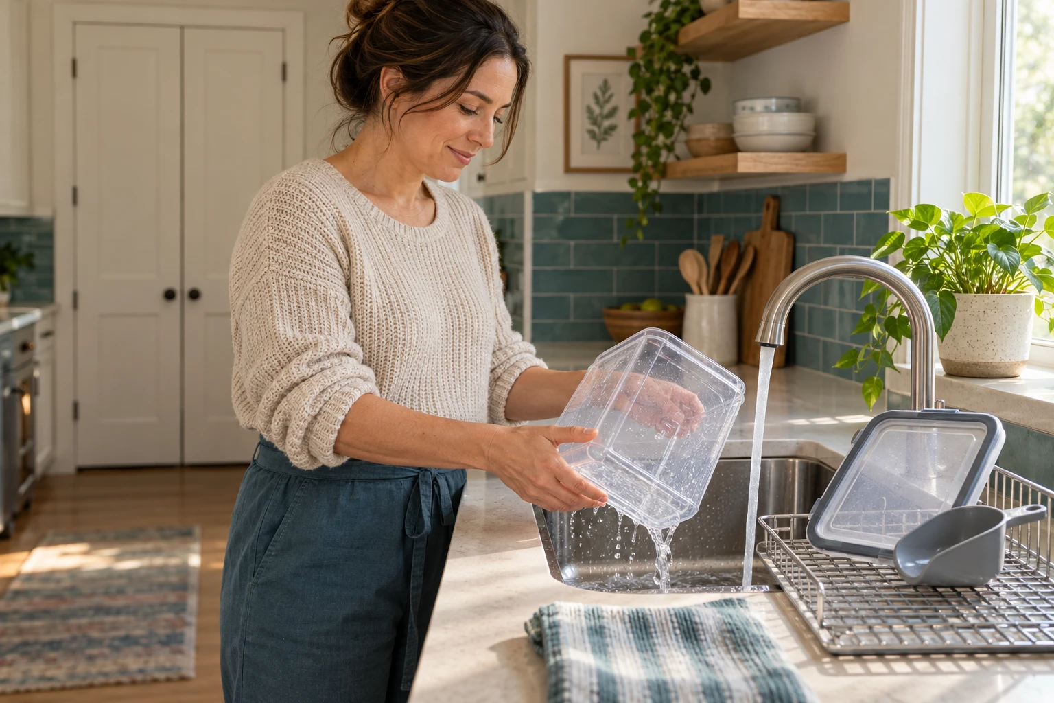 Adult cleaning an empty food container and setting it aside to dry while the cat stays outside the storage area
