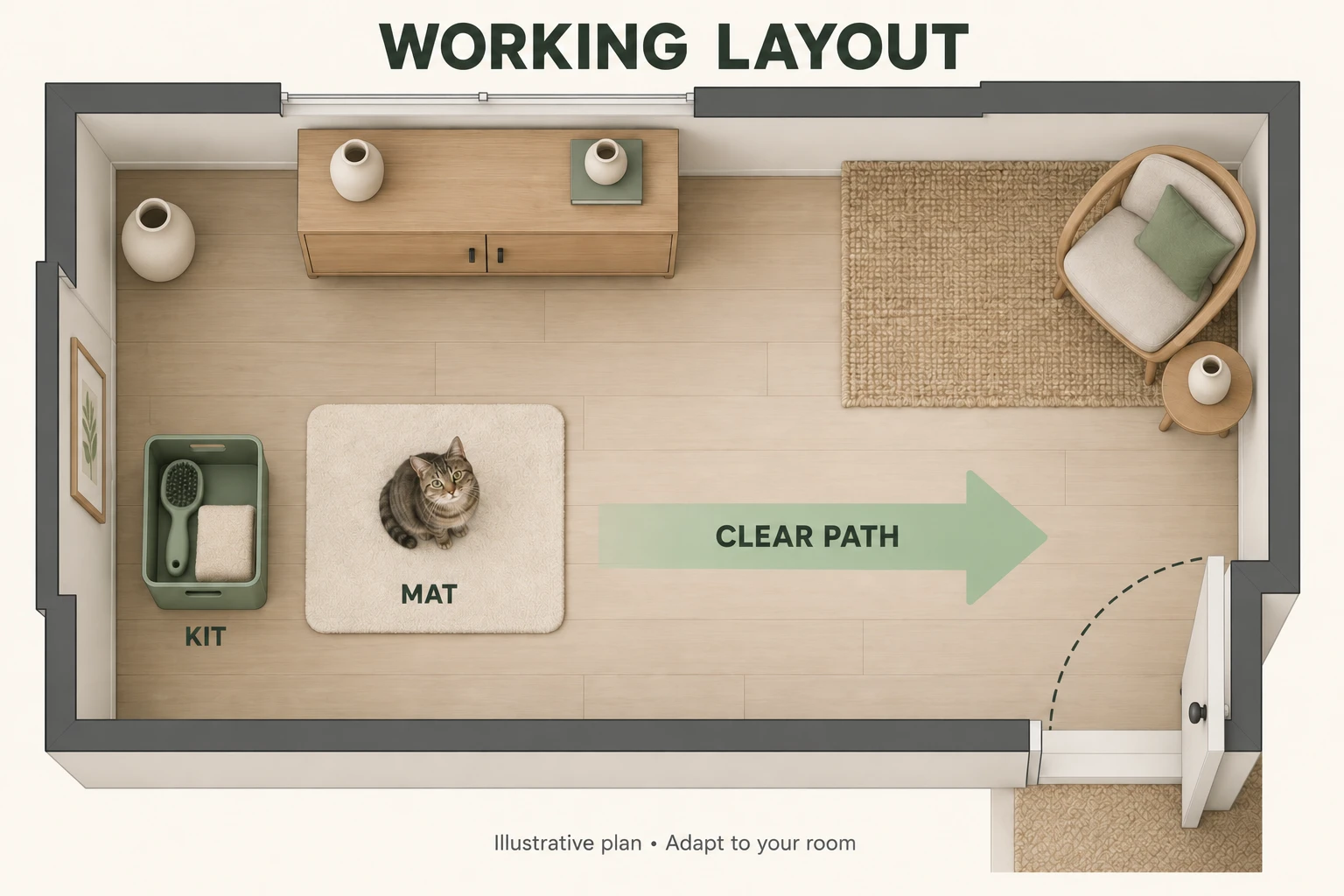 Top-down floor layout with a cat on a mat, a separate grooming kit and a clear route beside the door swing