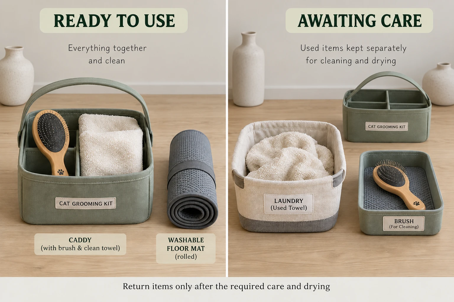 Two-panel illustration contrasting a ready grooming caddy with a used towel in laundry and a brush separately awaiting cleaning