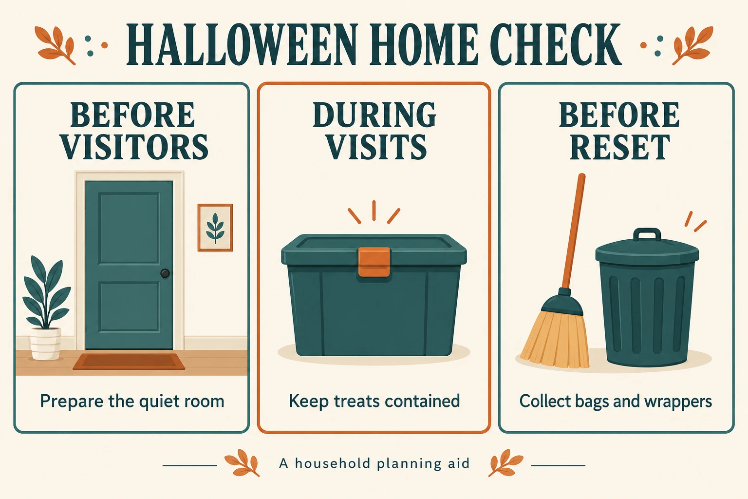 Three planning cards show before visitors, during visits and before reset with a closed door, sealed storage and cleanup