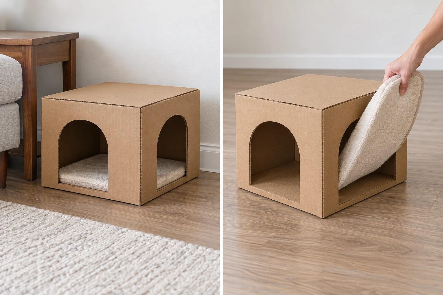 Two-panel illustration of a cardboard hide in place and its removable pad lifted out for cleaning