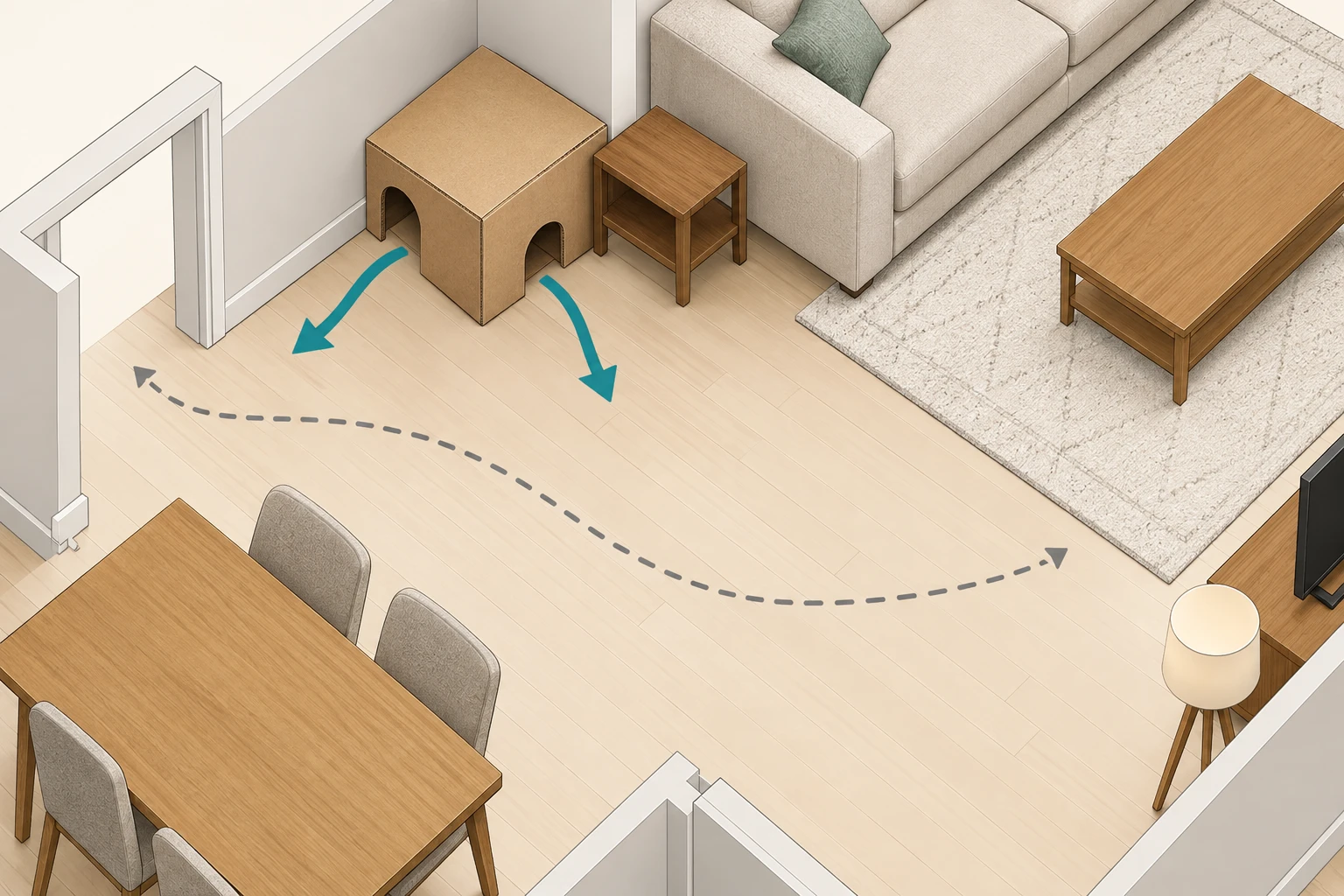 Apartment corner diagram showing separate clear routes from two hide openings away from the walking path