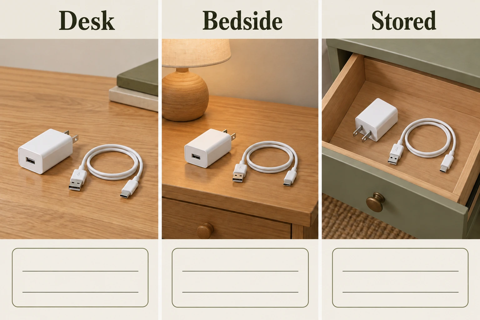 Three-panel matched charger kit register showing desk, bedside and stored unplugged kit states