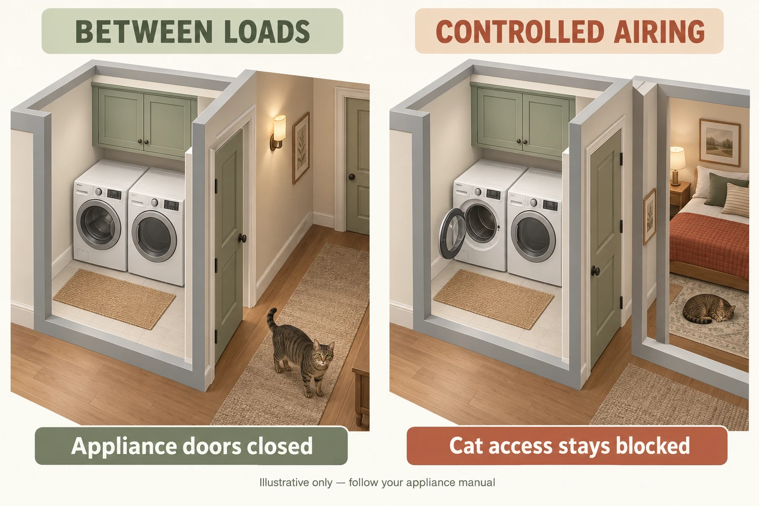 Two cutaway rooms compare closed appliance doors between loads with an open washer door behind a closed laundry-room entrance