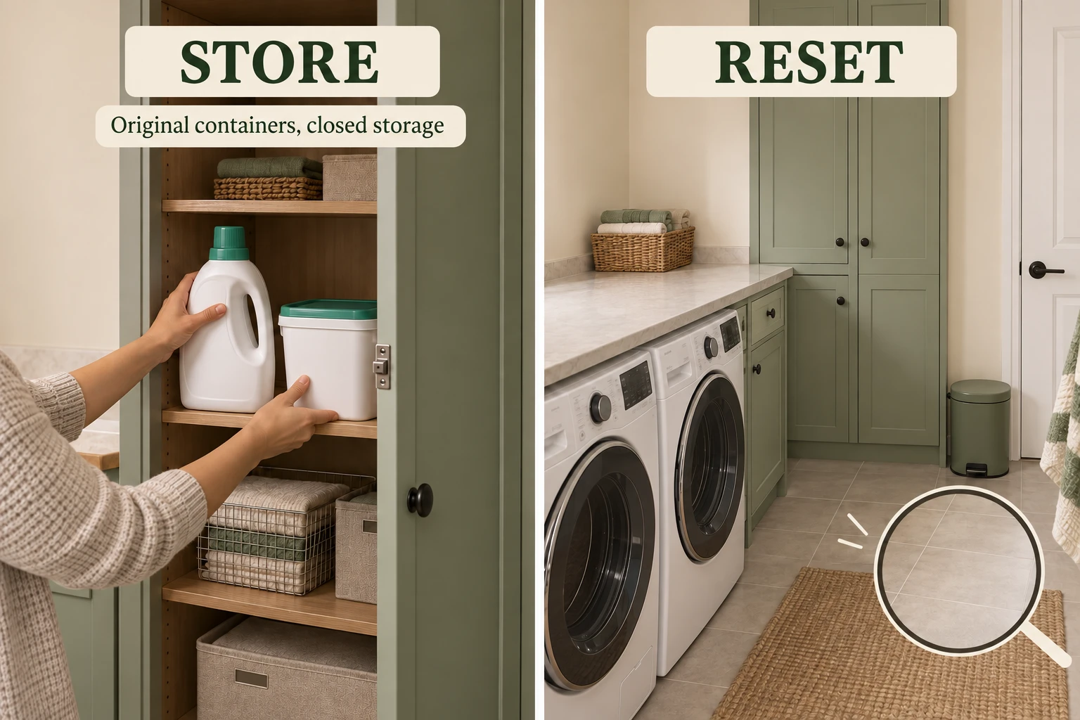 Two panels show laundry products put into a cupboard and a cleared worktop with a floor-check inset
