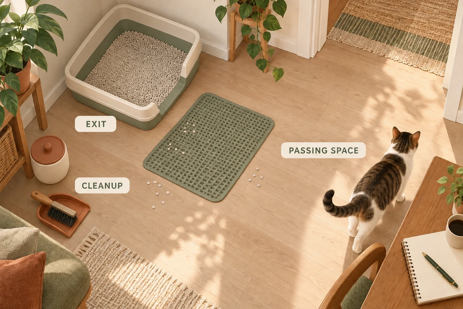 Conceptual top-down view of a litter-box exit, a clear human passing route and loose particles marked only as household observations