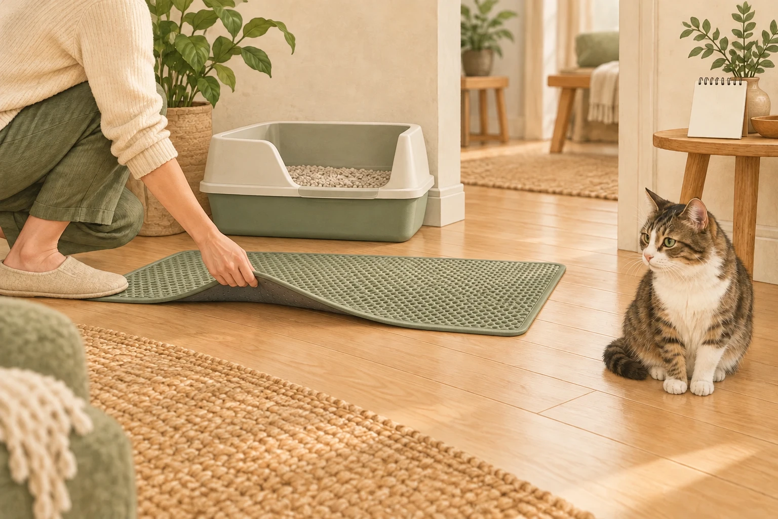 Person lifting a washable litter mat beside an accessible box while a cat can leave the area freely